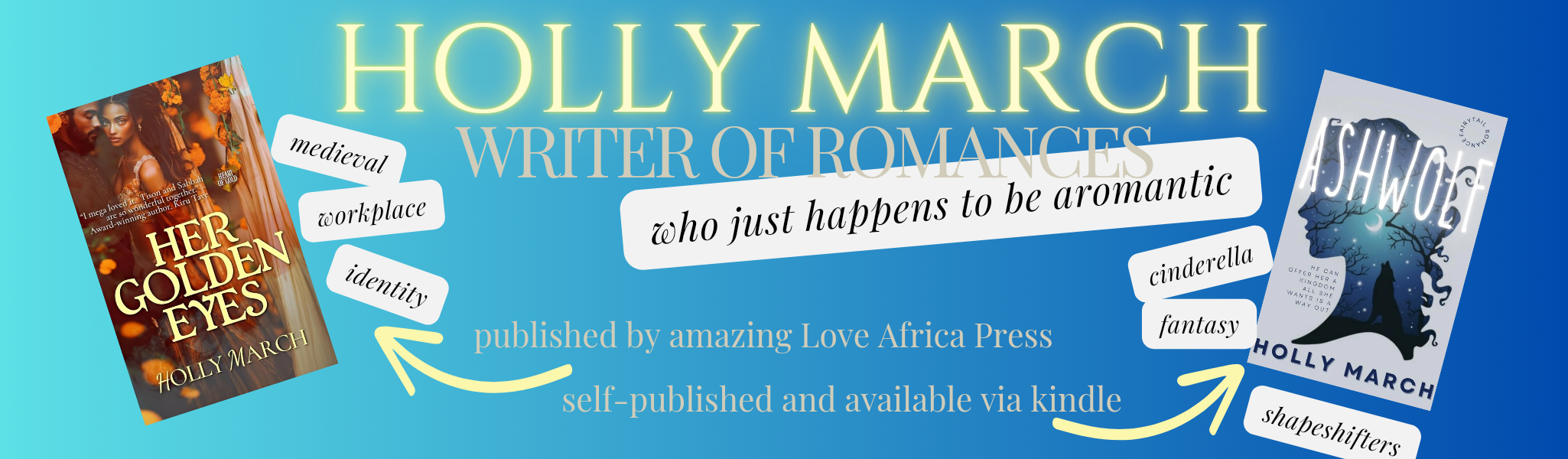 banner showing my two punlished books as Holly March: Her Golden Eyes, and Ashwolf.